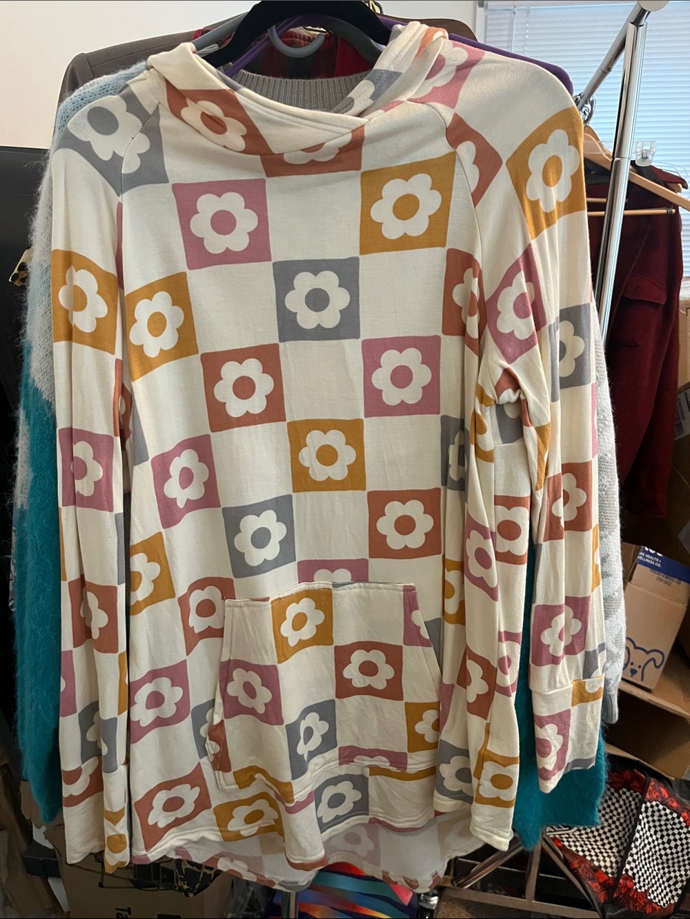 LuLaRoe Cream Hoodie with Pink, Mustard & Gray Floral Check